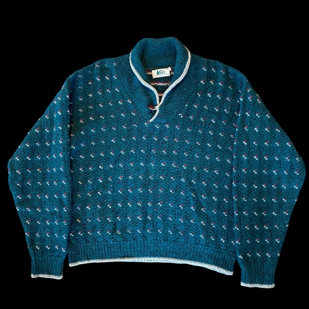 RARE VTG 80s Men REI Pullover Wool Knit Shawl Collar Sweater Green Sz. M *FLAWS